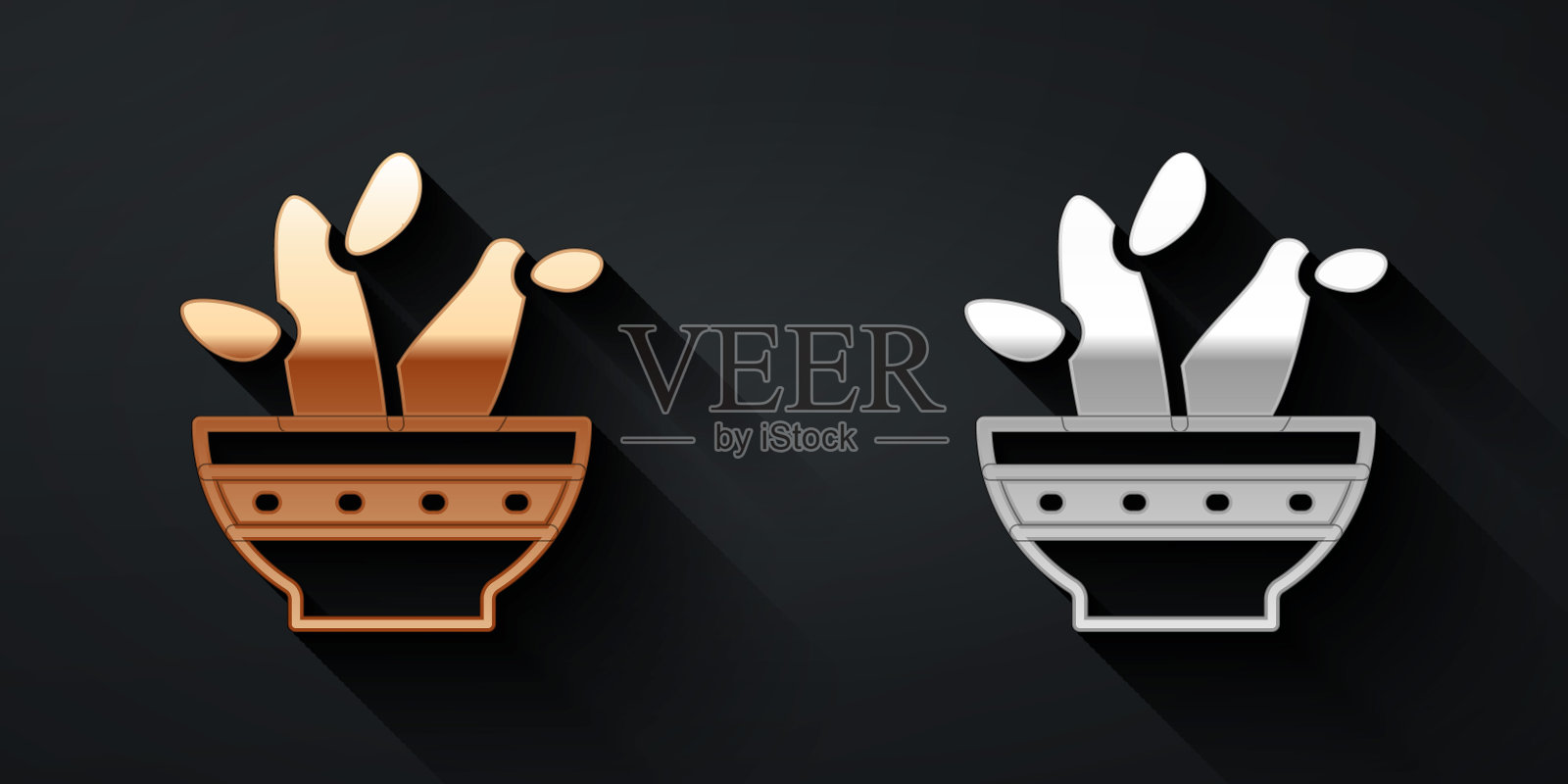 金和银仙人掌佩奥特在锅图标孤立在黑色背景。盆栽植物。盆栽植物标志。长长的阴影风格。向量图标素材