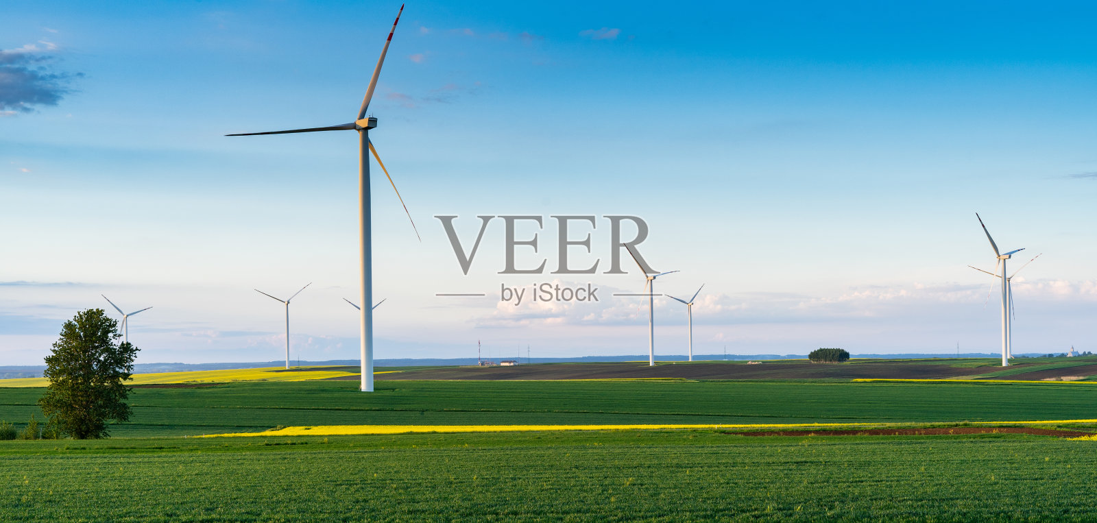 风力涡轮机产生可再生的绿色能源照片摄影图片