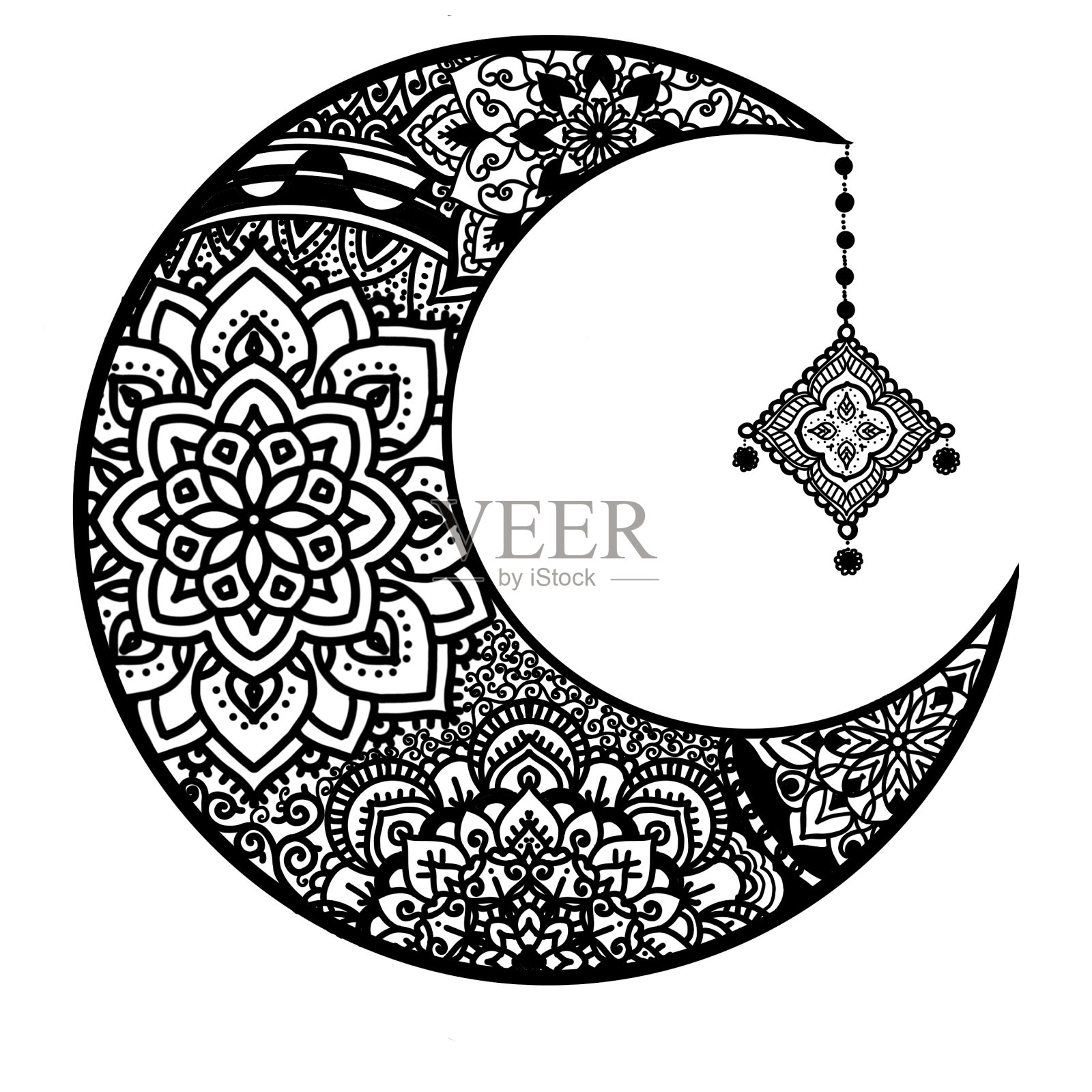 轮廓的月亮着色灵感涂鸦风格孤立在白色的背景，为庆祝斋月或万圣节插画图片素材
