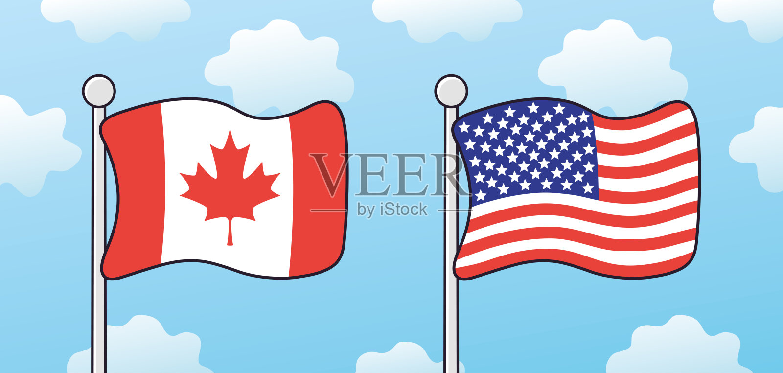 天空中飘扬着美国和加拿大的国旗插画图片素材