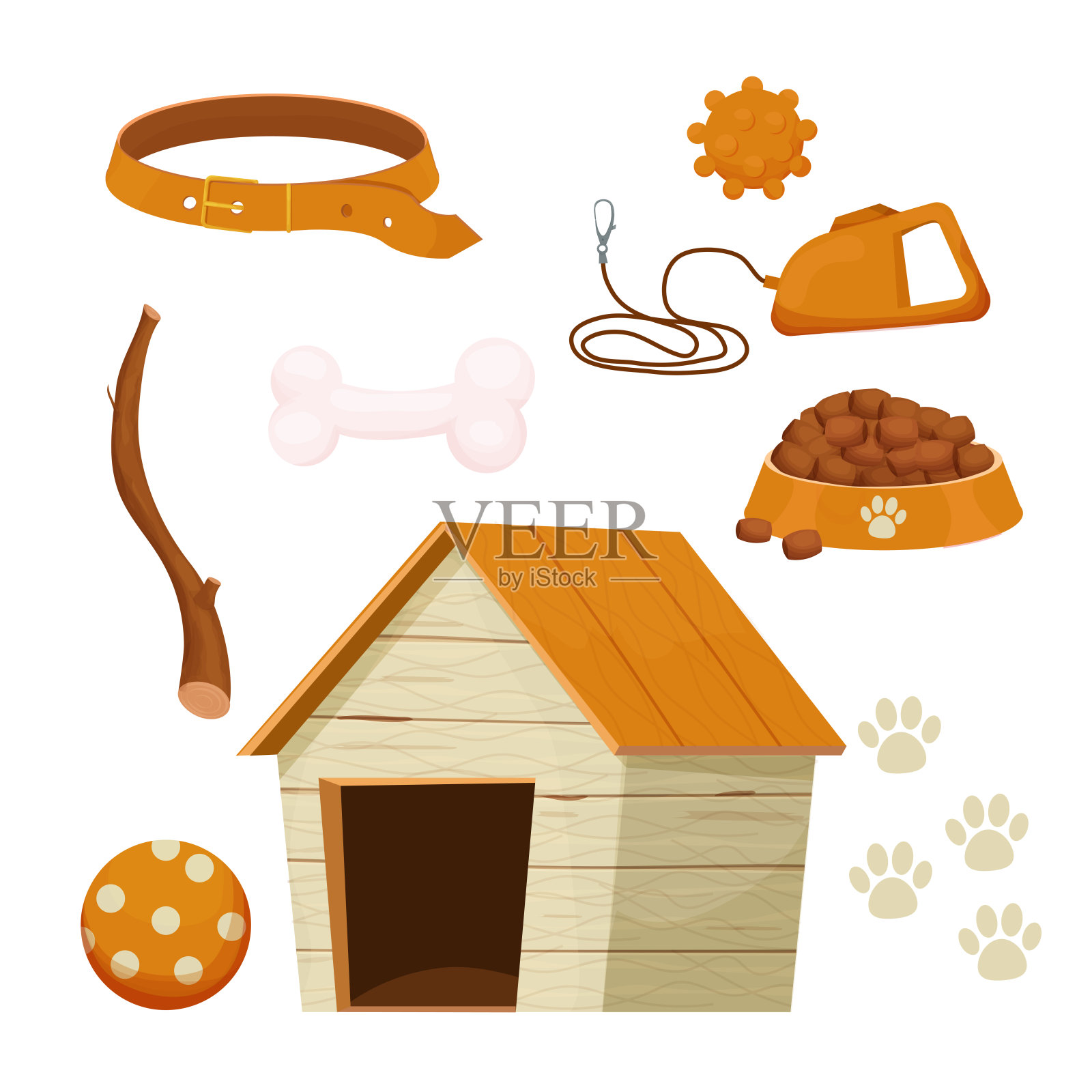 配有狗舍、玩具、项圈、不同工作人员的宠物护理套装，白色背景，卡通风格。收集设备、用品插画图片素材