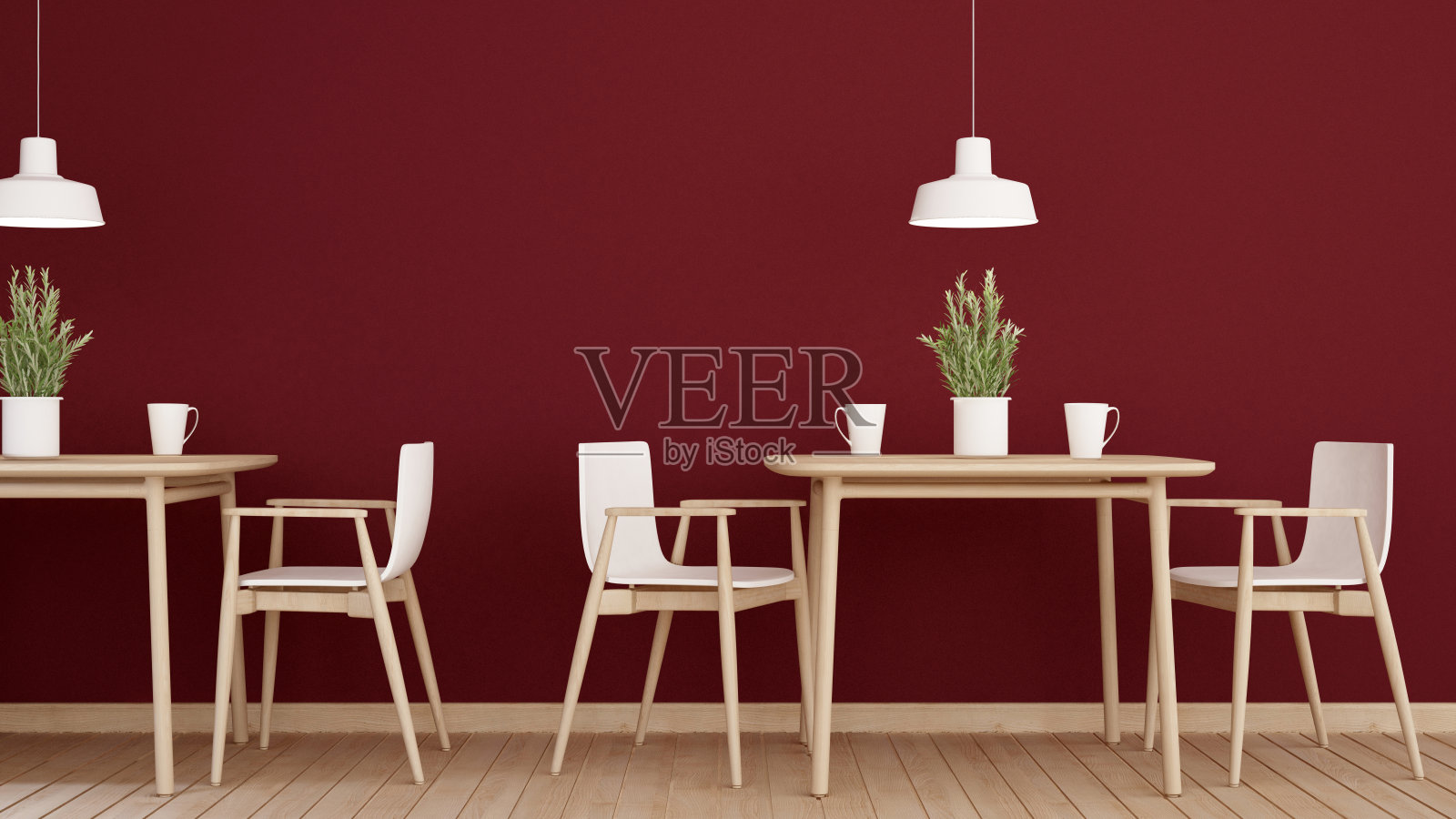 家庭或公寓的生活区在深红色的墙壁装饰-咖啡厅或餐厅的休闲区- 3D插图照片摄影图片