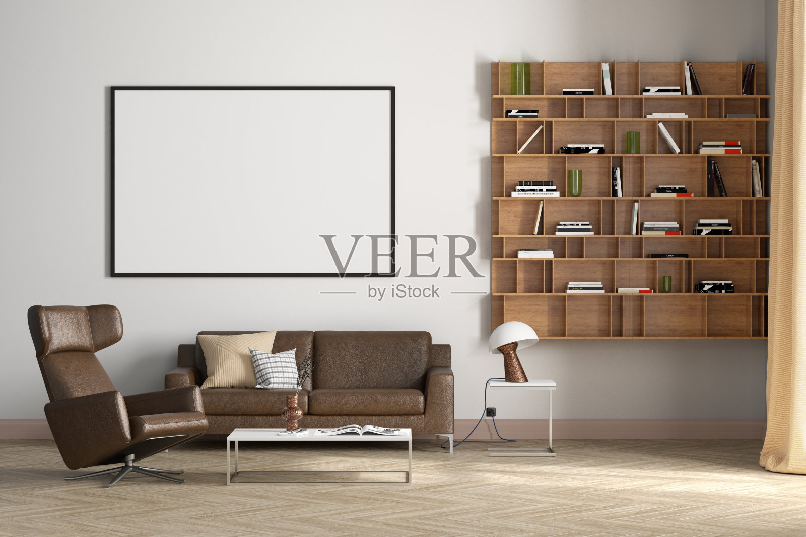 卧式空白海报模型在白色墙壁在客厅内部。照片摄影图片