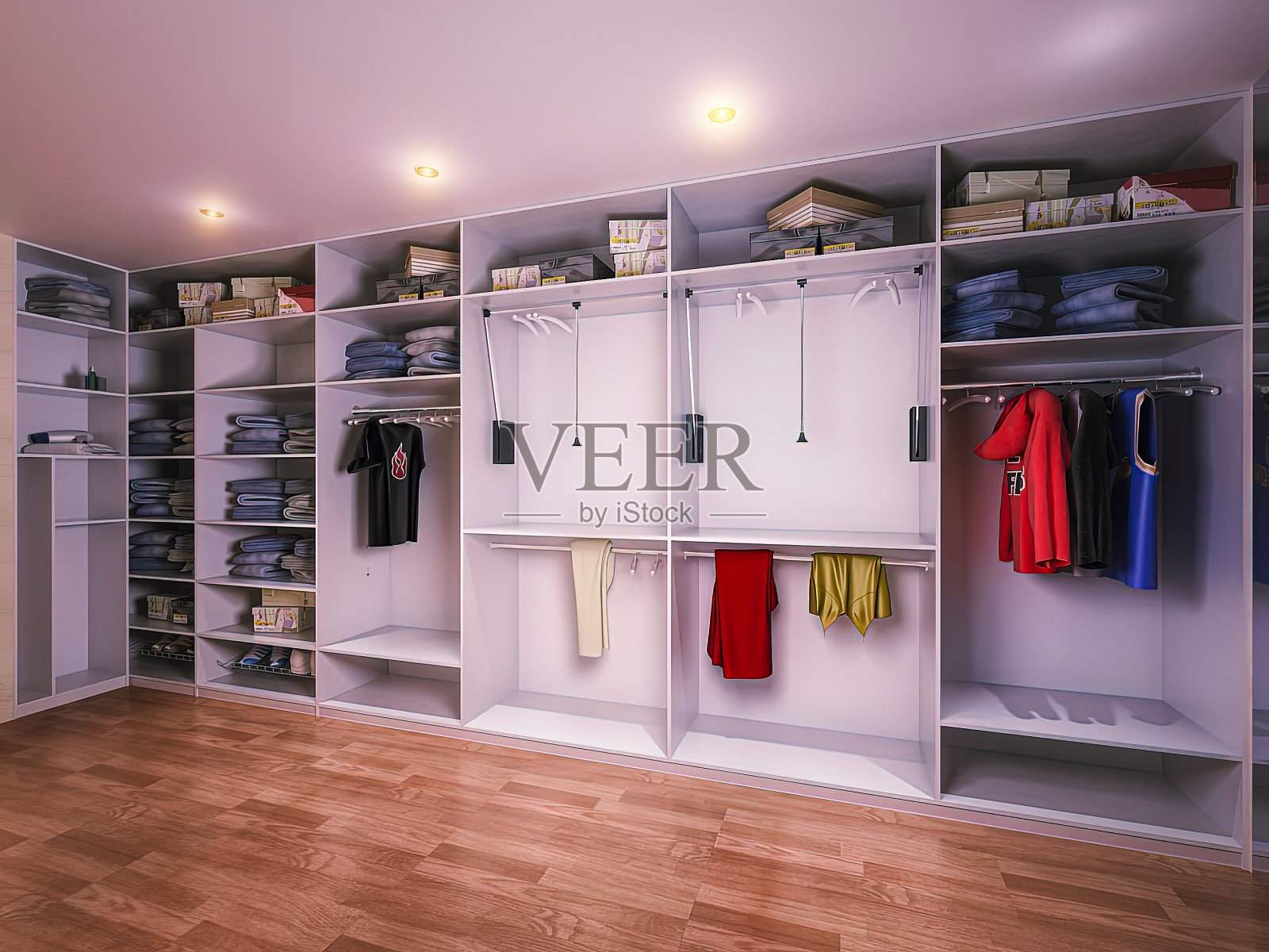 一个私人房子的更衣室的3D插图。衣柜的室内设计具有现代风格照片摄影图片