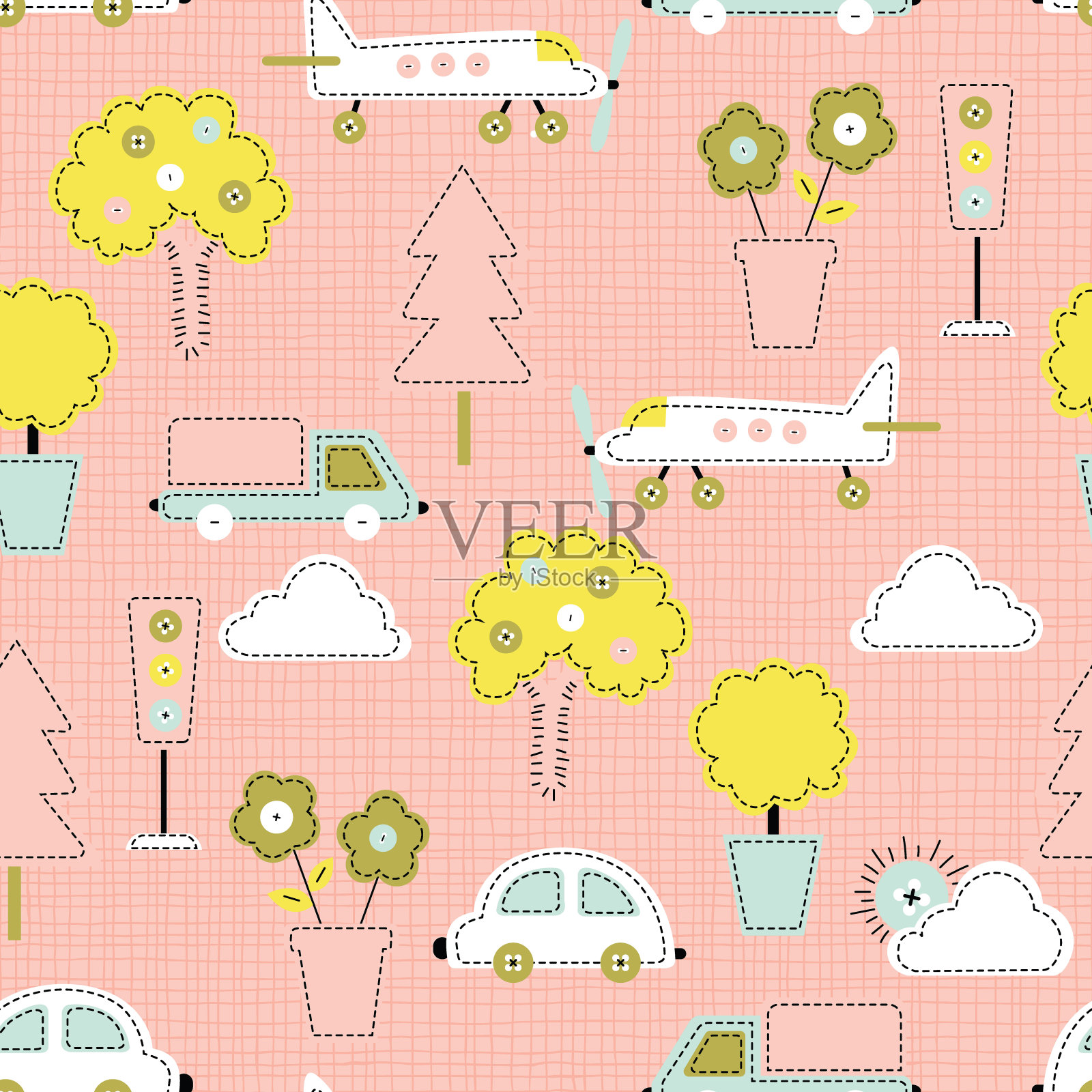 可爱的城市交通和自然向量无缝模式插画图片素材