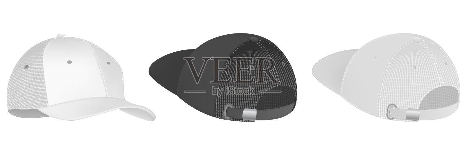棒球帽黑白模板。设计模板特写矢量。现实的背面，正面和侧面视图白色棒球帽孤立的白色背景。设计元素图片
