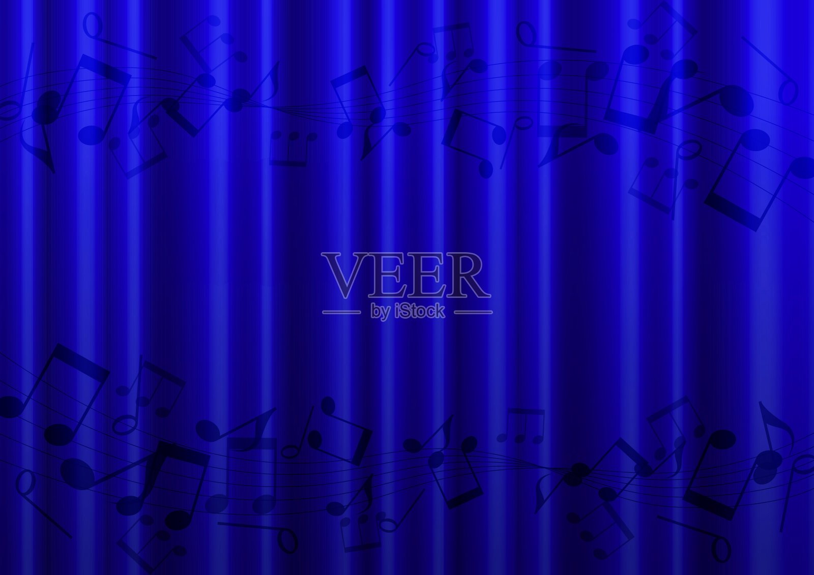 蓝色的窗帘背景，带有音符图案插画图片素材