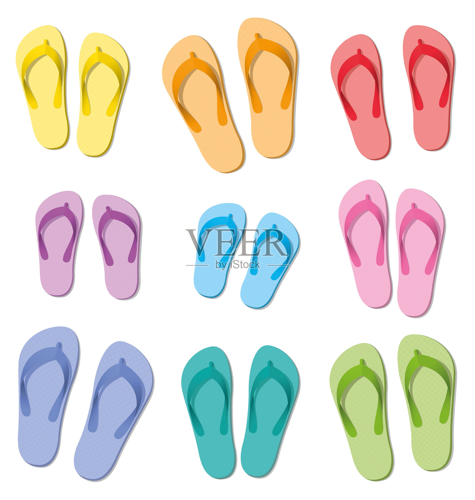 人字拖一组，十双不同颜色的橡胶凉鞋，象征着团队旅行、团队合作、有趣的朋友或幸福的家庭假期。孤立的矢量插图上的白色。插画图片素材