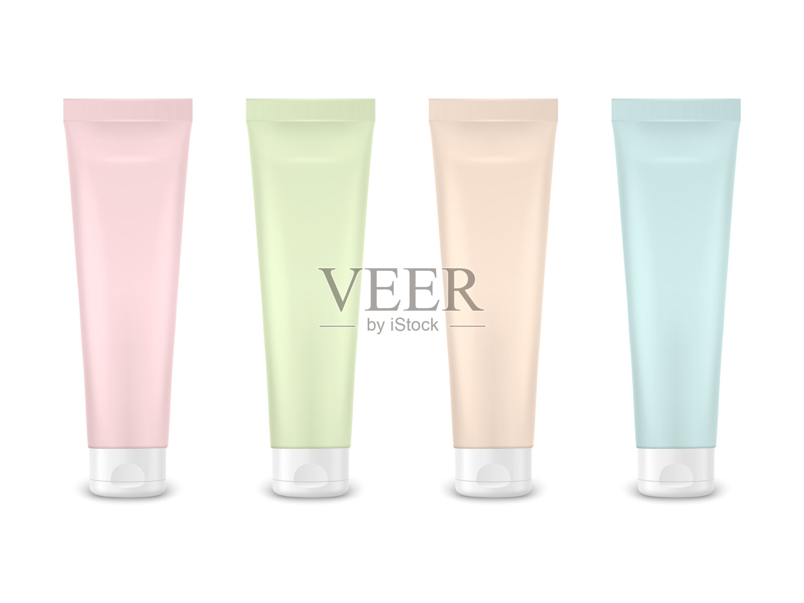 向量3d现实塑料，金属粉色，绿色，米色，蓝色牙膏，奶油管，包装设置隔离在白色背景。设计模板的牙膏，化妆品，霜的模型。前视图插画图片素材