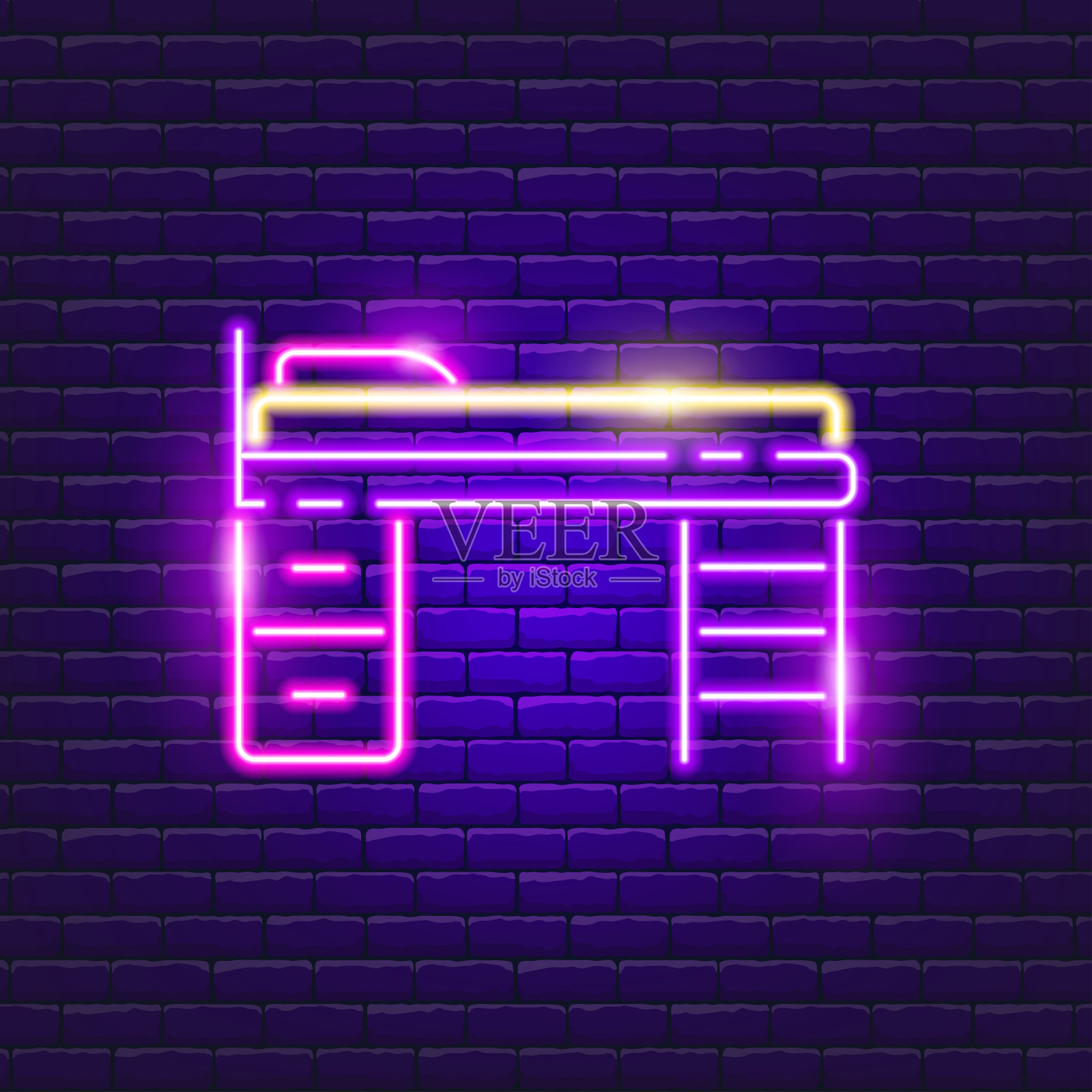 儿童房的床和衣柜上挂着霓虹灯。矢量插图设计用于广告，目录，横幅，招牌。家具的概念。插画图片素材