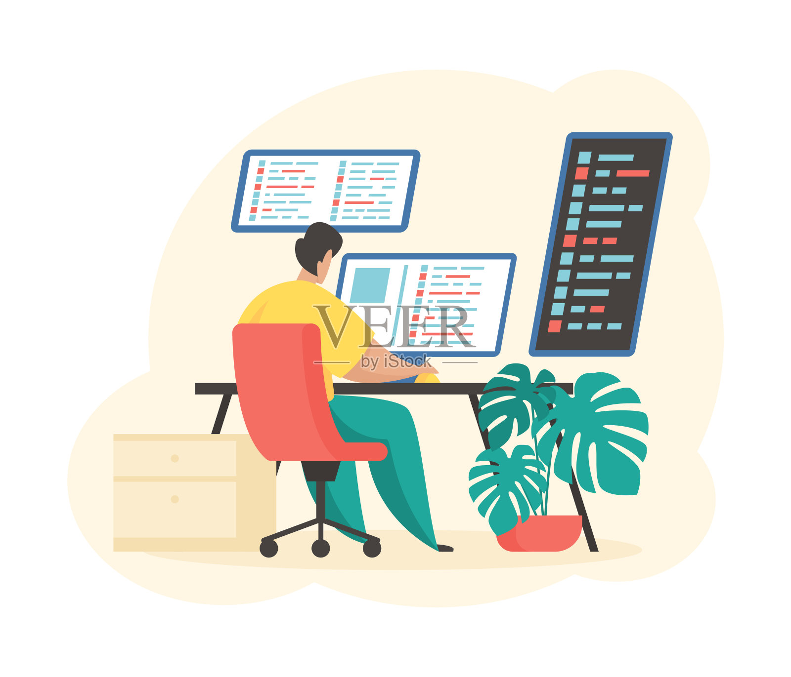 程序员在工作。男性角色为电脑编写软件插画图片素材