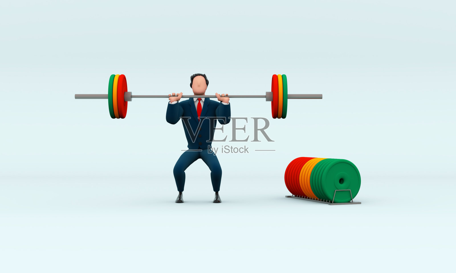 一个卡通人物穿着西装举重的3d插图照片摄影图片