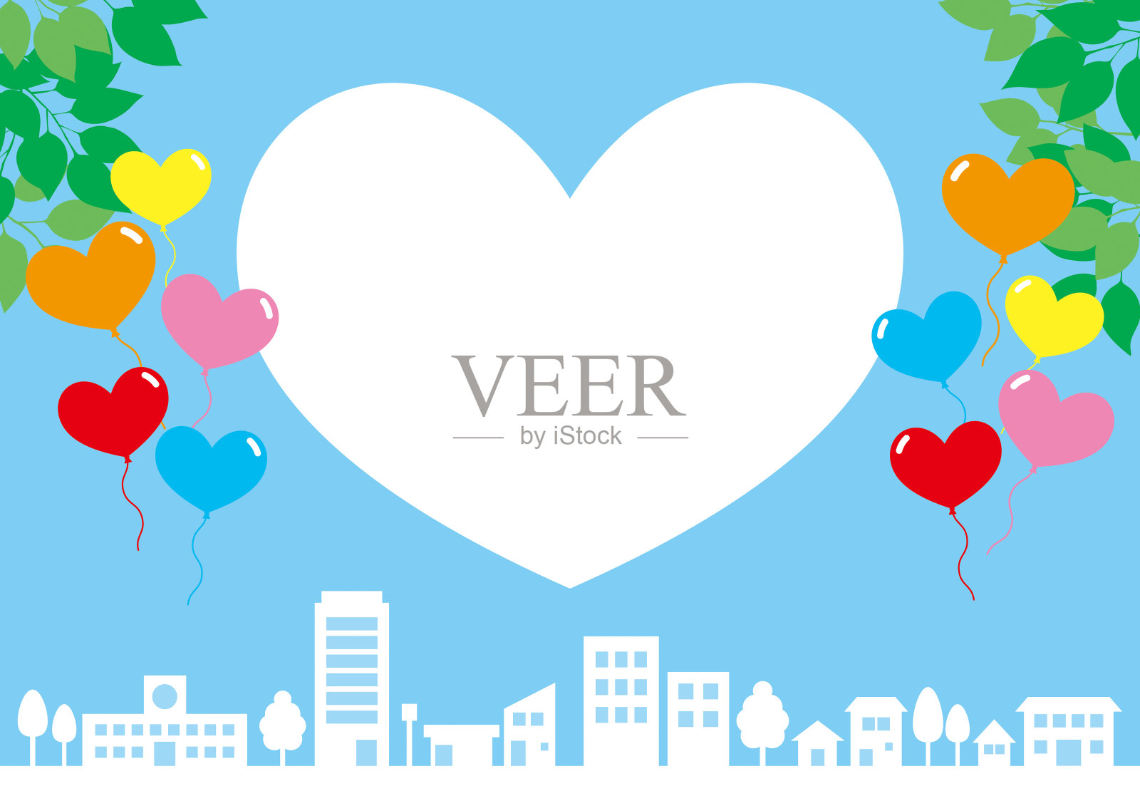 一个城市景观的插图与大心形和气球漂浮在空中插画图片素材
