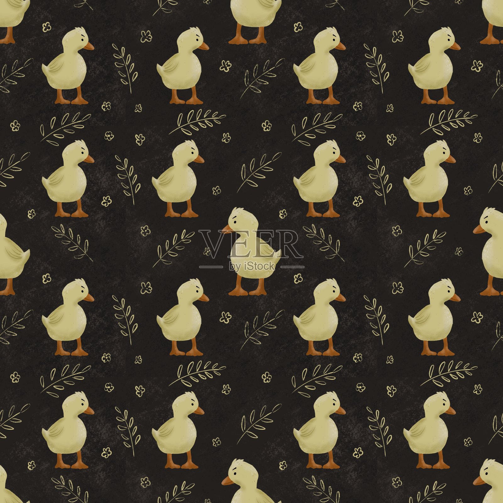 黄色的鸭子在黑暗的背景上无缝的图案。插图是手绘的。为不同的物体和事物设计。设计元素图片
