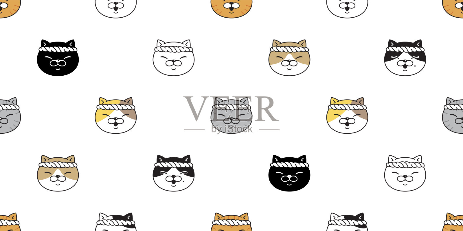 猫无缝图案小猫头白布拉面寿司矢量宠物围巾孤立卡通动物瓷砖墙纸重复背景插图涂鸦设计插画图片素材