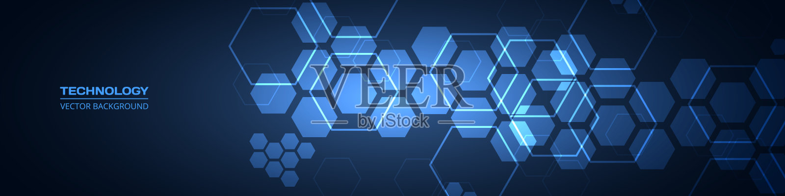 深蓝色技术抽象宽背景与六角形元素。插画图片素材