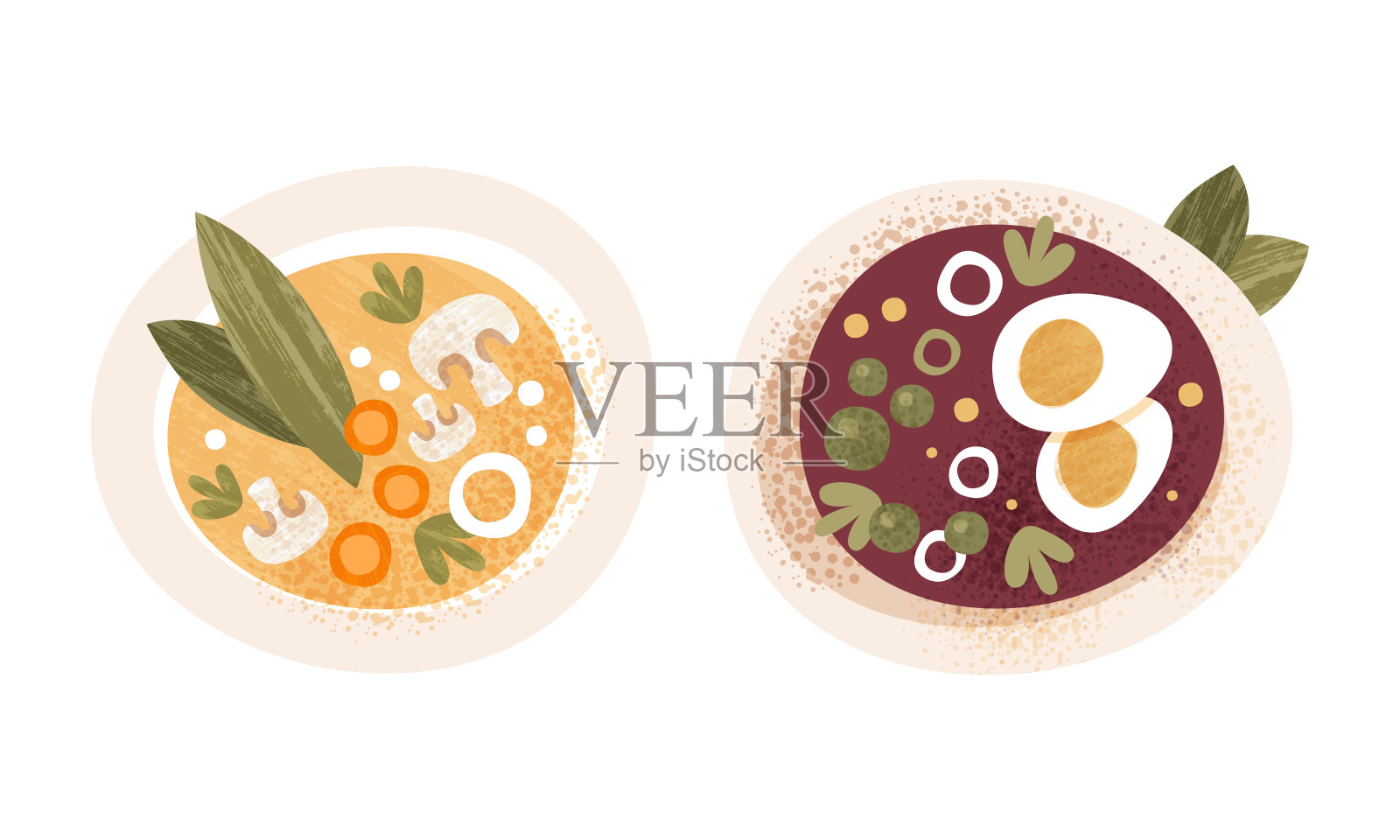 汤装盘，健康的传统食物菜肴与卡通矢量插图插画图片素材