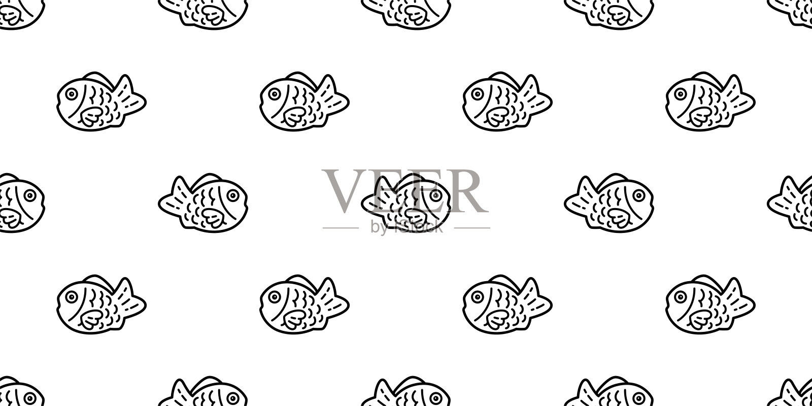 鱼Taiyaki无缝图案面包店食品日本小吃向量金枪鱼鲨鱼鲑鱼海豚涂鸦图标卡通海洋海洋瓷砖背景重复墙纸围巾孤立的宠物动物插图涂鸦设计插画图片素材