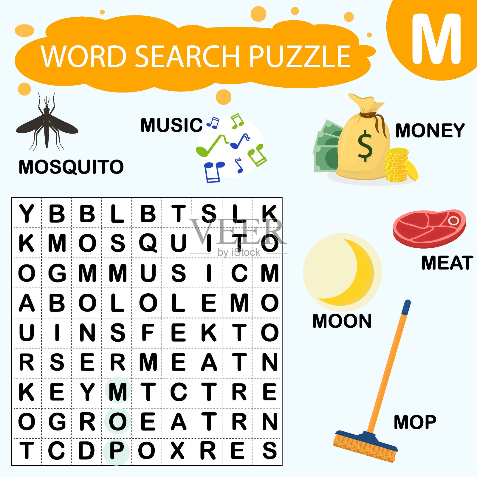 矢量教育游戏的孩子。找出以字母M开头的单词的难题插画图片素材