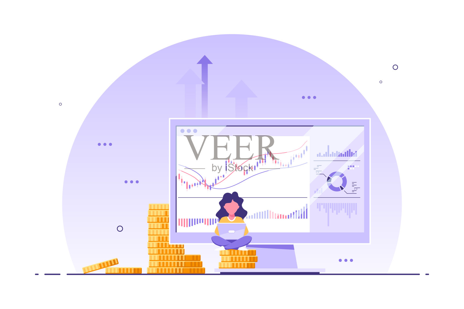 年轻女子用笔记本电脑对着电脑屏幕和成堆的硬币插画图片素材