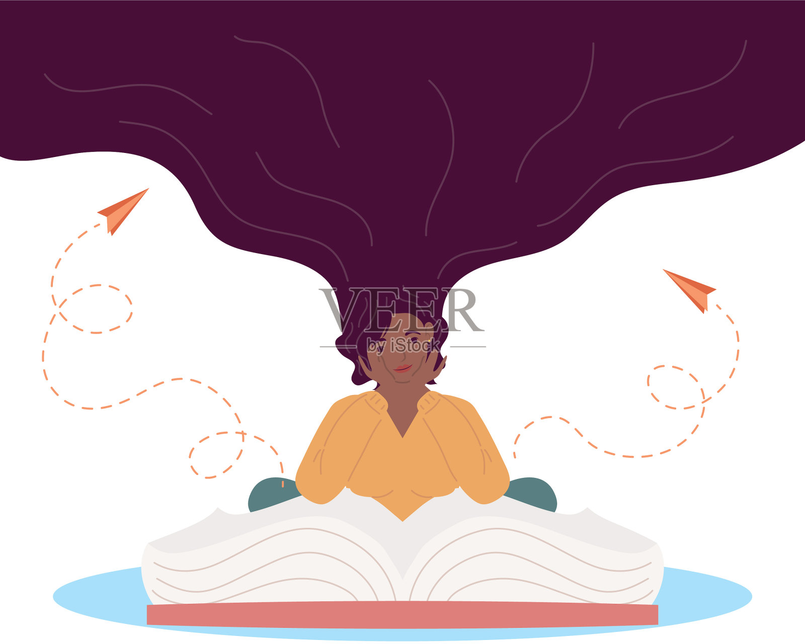 一个非洲女人用飞机纸在看书插画图片素材