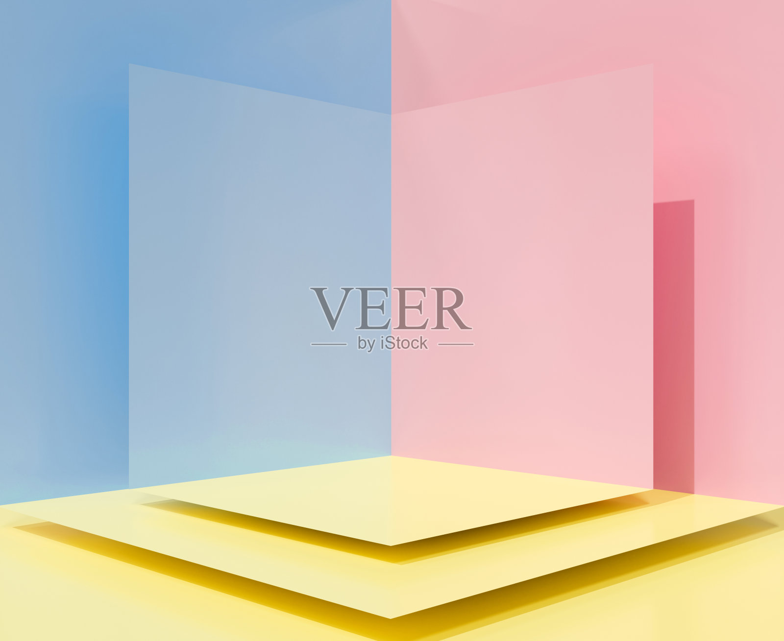 可爱的3d渲染空白舞台领奖台，台座赢家，显示产品在工作室。角落墙背景场景上柔和的颜色。黄粉蓝抽象画。室内创意理念简约主义。照片摄影图片