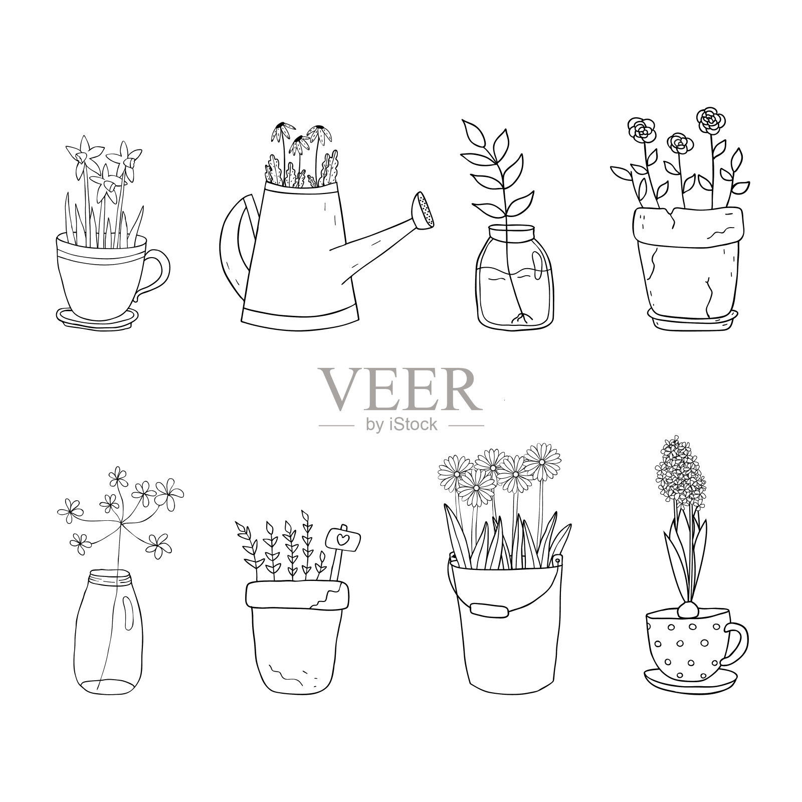 简单的矢量集，手绘孤立的园林元素，花盆，喷壶等。插画图片素材