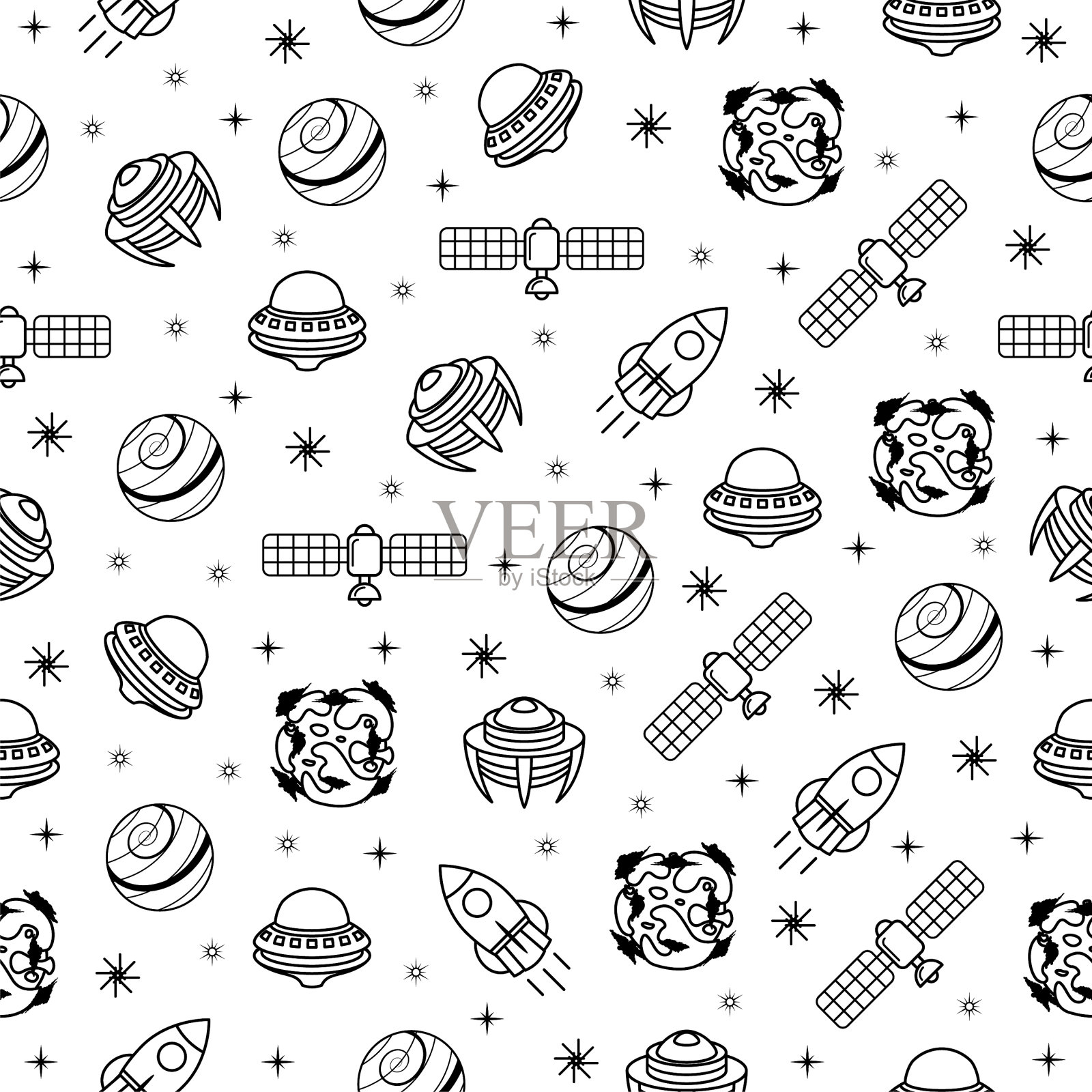 抽象无缝图案涂鸦集合外星人Ufo行星银河系空间标志矢量设计风格插画图片素材