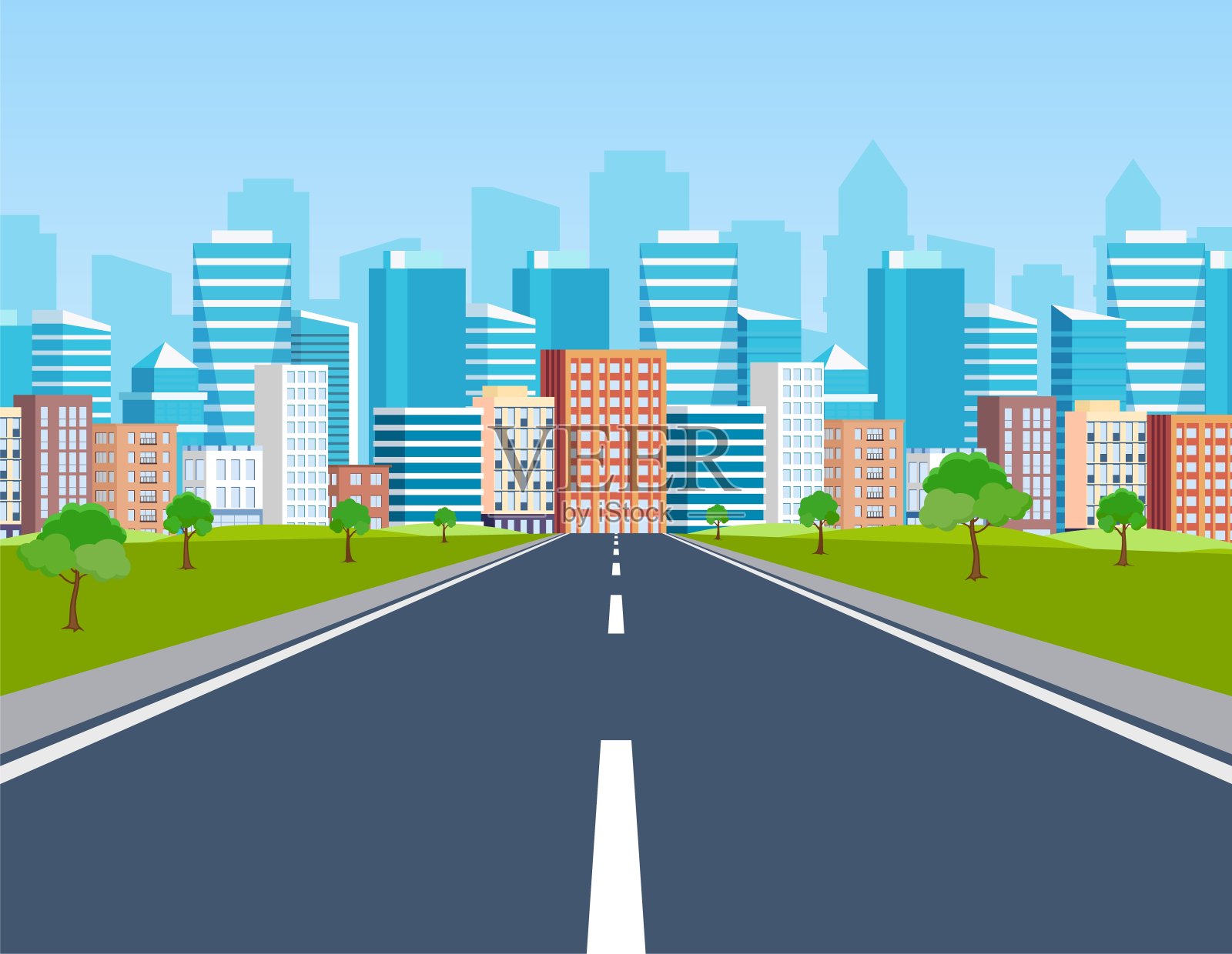 道路通往地平线上的城市建筑插画图片素材