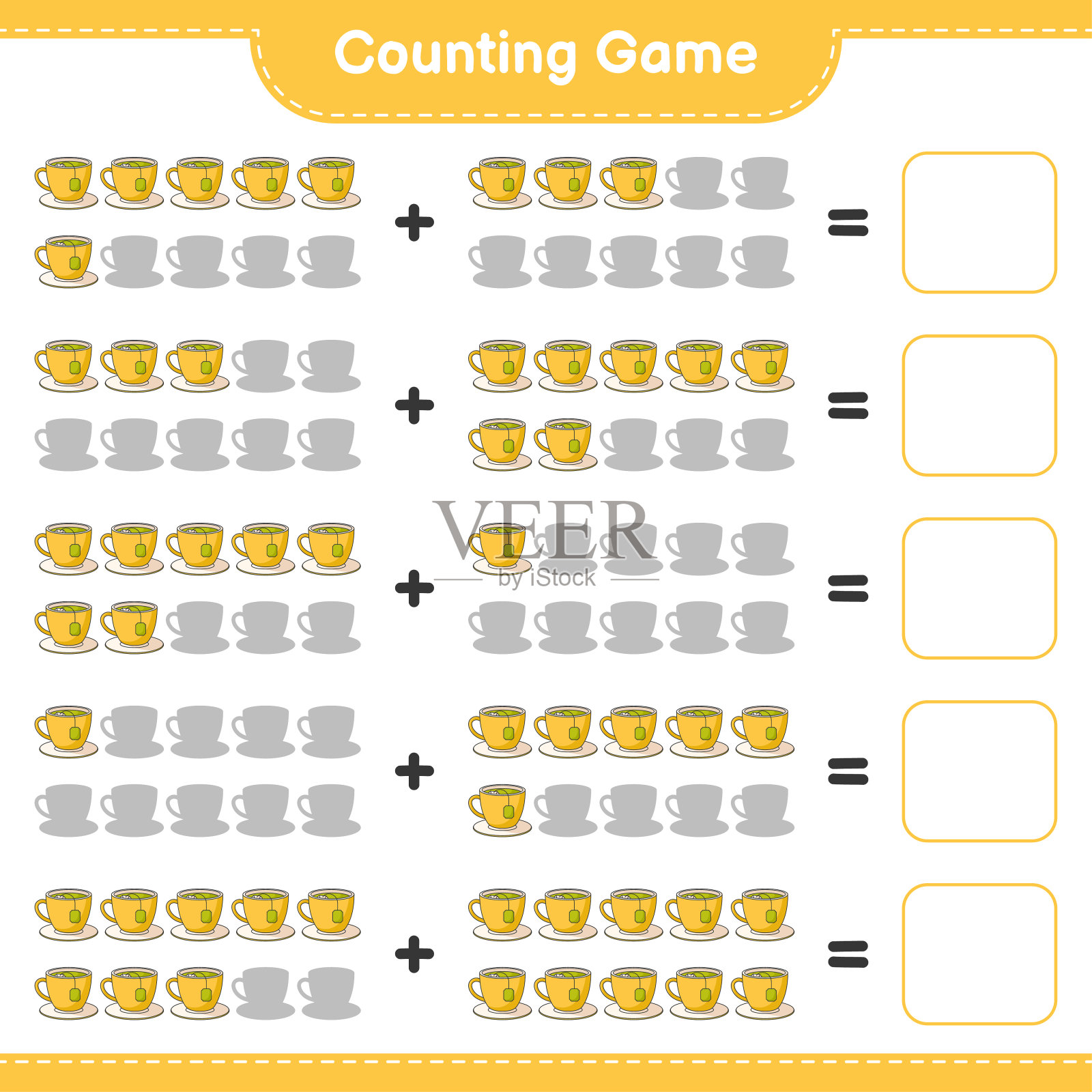 数数游戏，数数茶杯的数目，并写出结果。教育儿童游戏，可打印的工作表，矢量插图插画图片素材