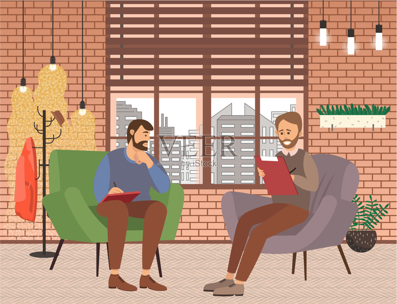 两个人坐在椅子上整理房间插画图片素材