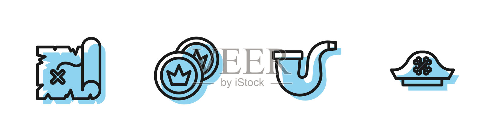 烟斗，海盗藏宝图，硬币和帽子图标。向量图标素材