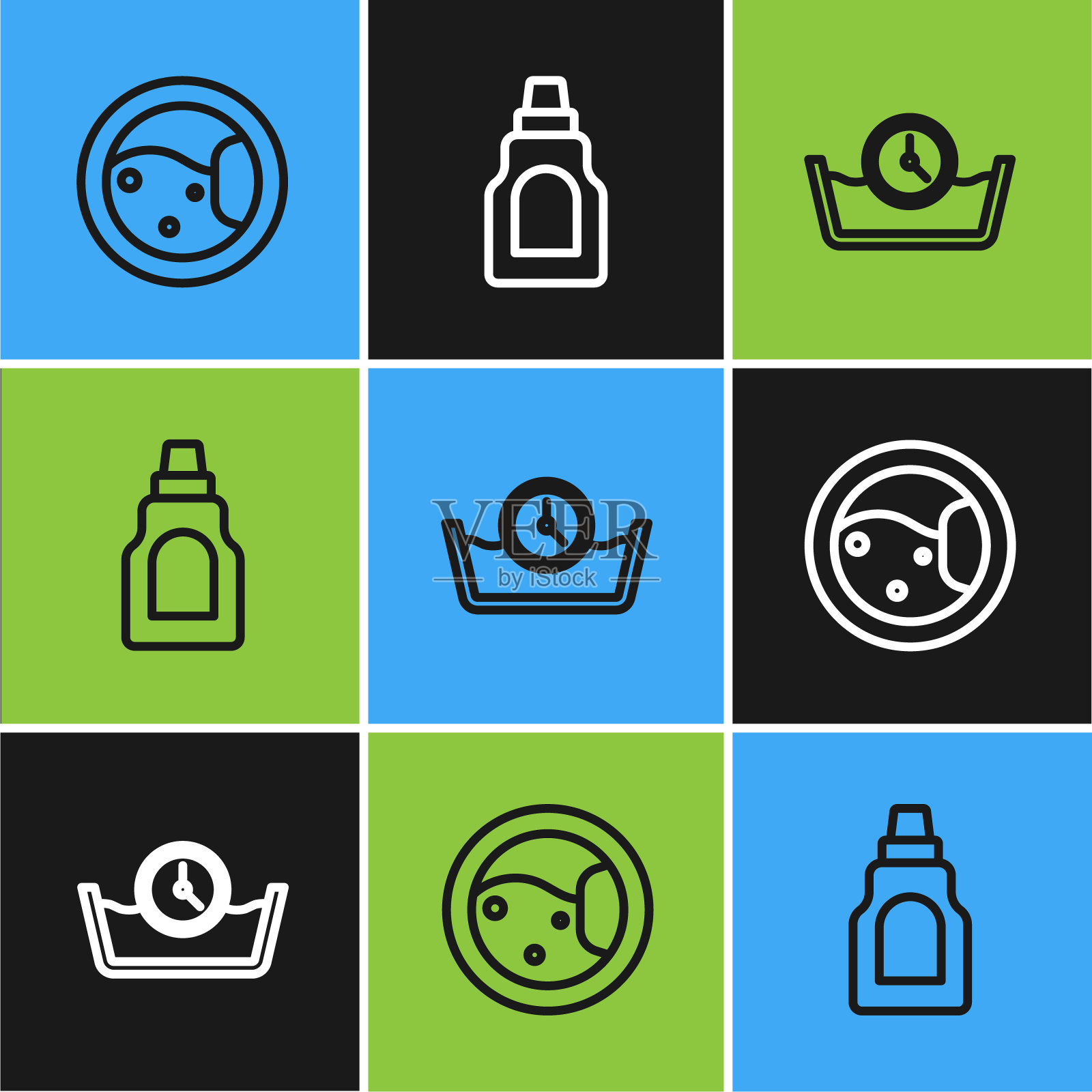 清洗剂图标设置线清洗器，时间清洗和瓶子。向量插画图片素材