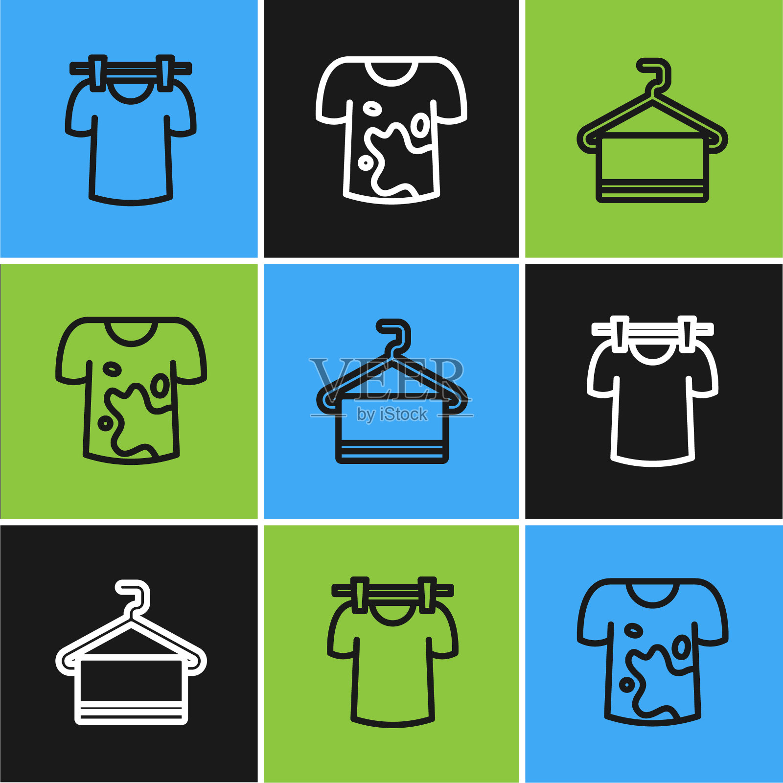 在衣架上放置晾晒衣服、毛巾和脏t恤的标志。向量插画图片素材