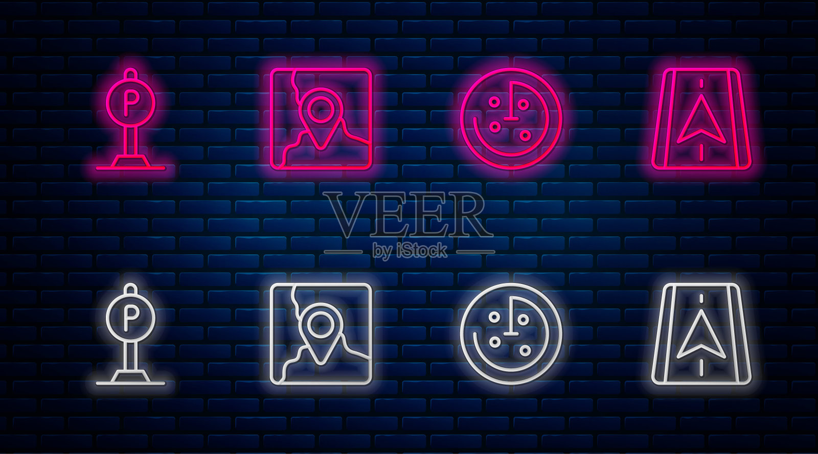 设置线折叠地图与位置标记，雷达目标监视器，停车和城市导航。砖墙上发光的霓虹灯图标。向量图标素材