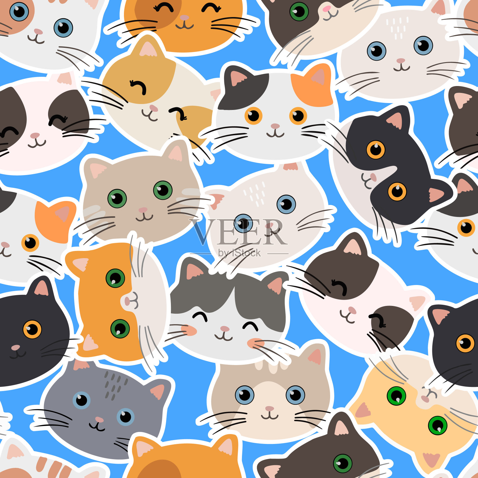 可爱的无缝图案与有趣的猫。矢量插图装饰，纺织品设计，网页背景。插画图片素材