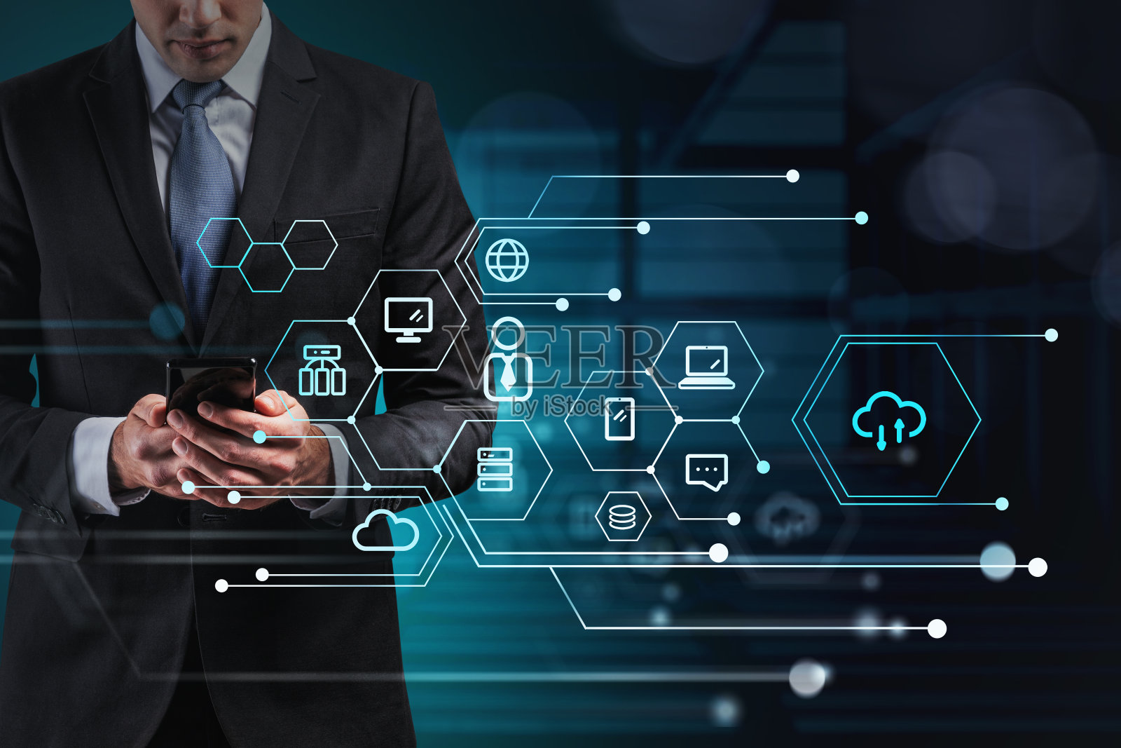 商人电话，数据符号和网络电路照片摄影图片