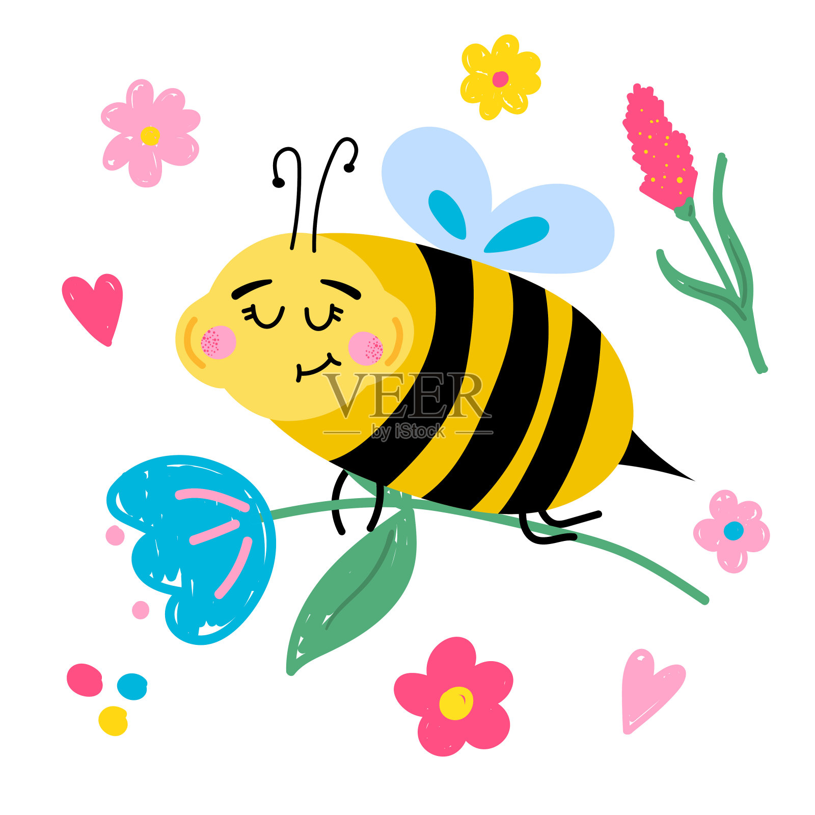 矢量插图与可爱的卡通蜜蜂和花在白色的背景。插画图片素材