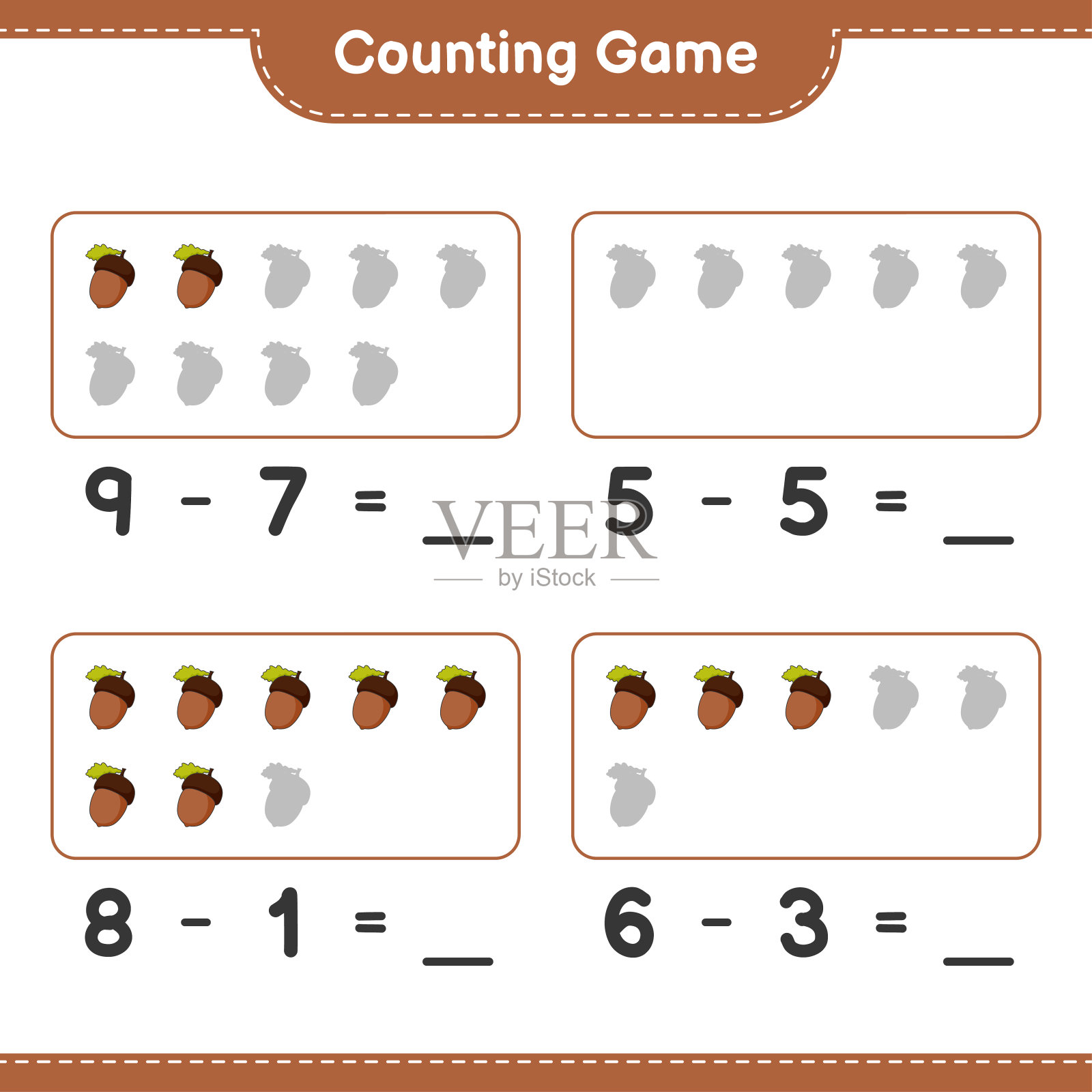 数橡子游戏，数橡子的数目并写出结果。教育儿童游戏，可打印的工作表，矢量插图插画图片素材
