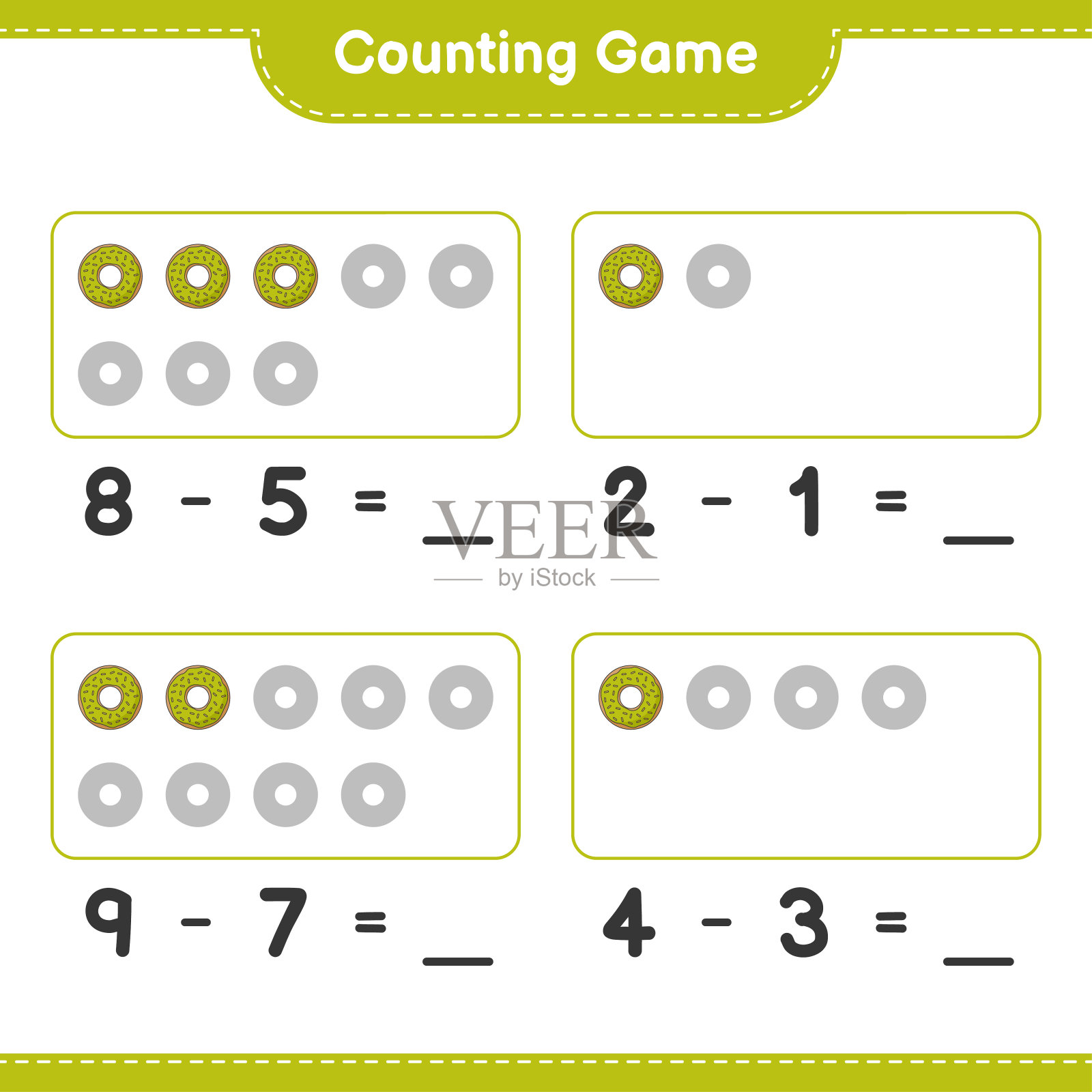 数数游戏，数出甜甜圈的数量并写出结果。教育儿童游戏，可打印的工作表，矢量插图插画图片素材