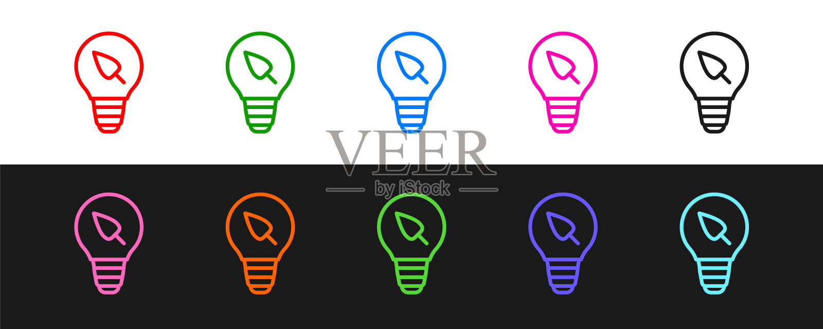 设置线灯泡与叶片图标隔离在黑白背景。生态能源的概念。替代能源的概念。向量图标素材