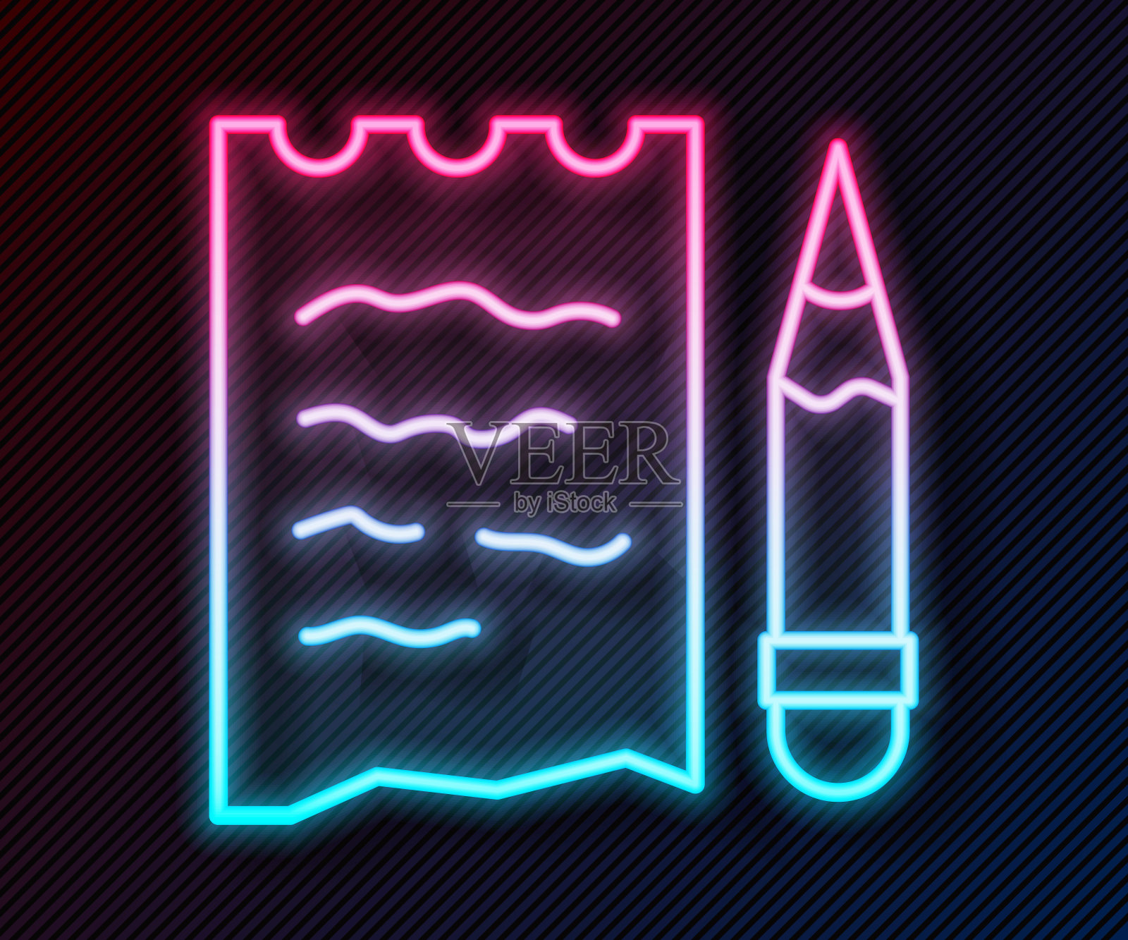 发光的霓虹线购物清单和铅笔图标孤立在黑色背景。向量插画图片素材