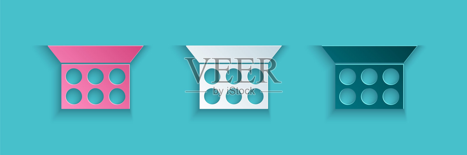 剪纸粉饼与镜子图标孤立在蓝色背景。纸艺术风格。向量图标素材