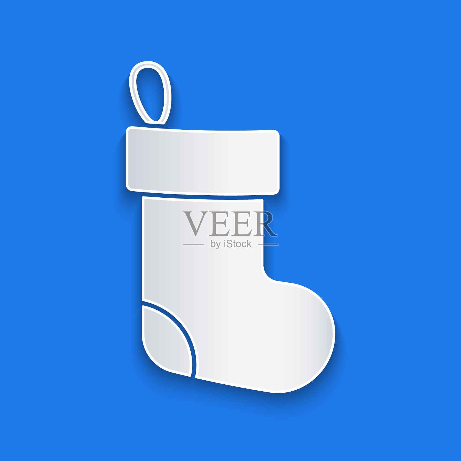 剪纸圣诞袜图标，蓝色背景。圣诞快乐，新年快乐。矢量素材图标素材