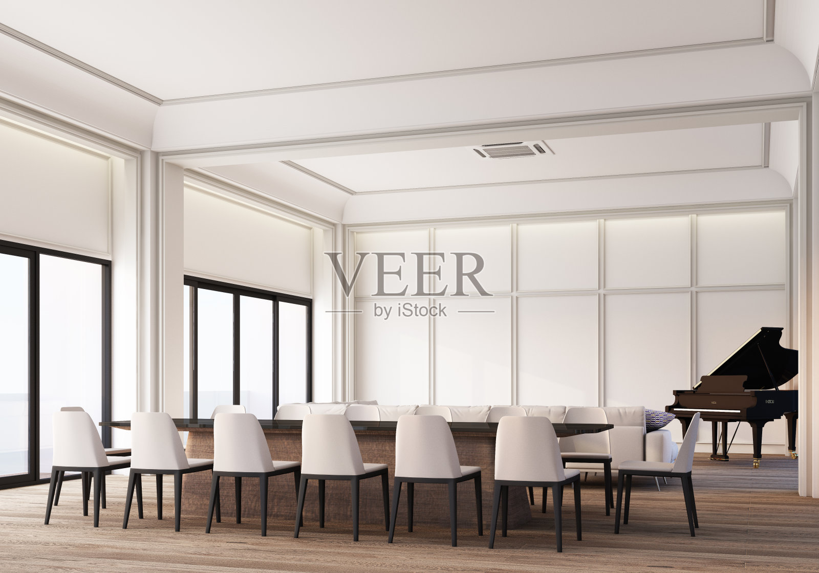 现代古典白色起居和用餐区空间与墙板装饰和木地板与三角钢琴。三维渲染照片摄影图片