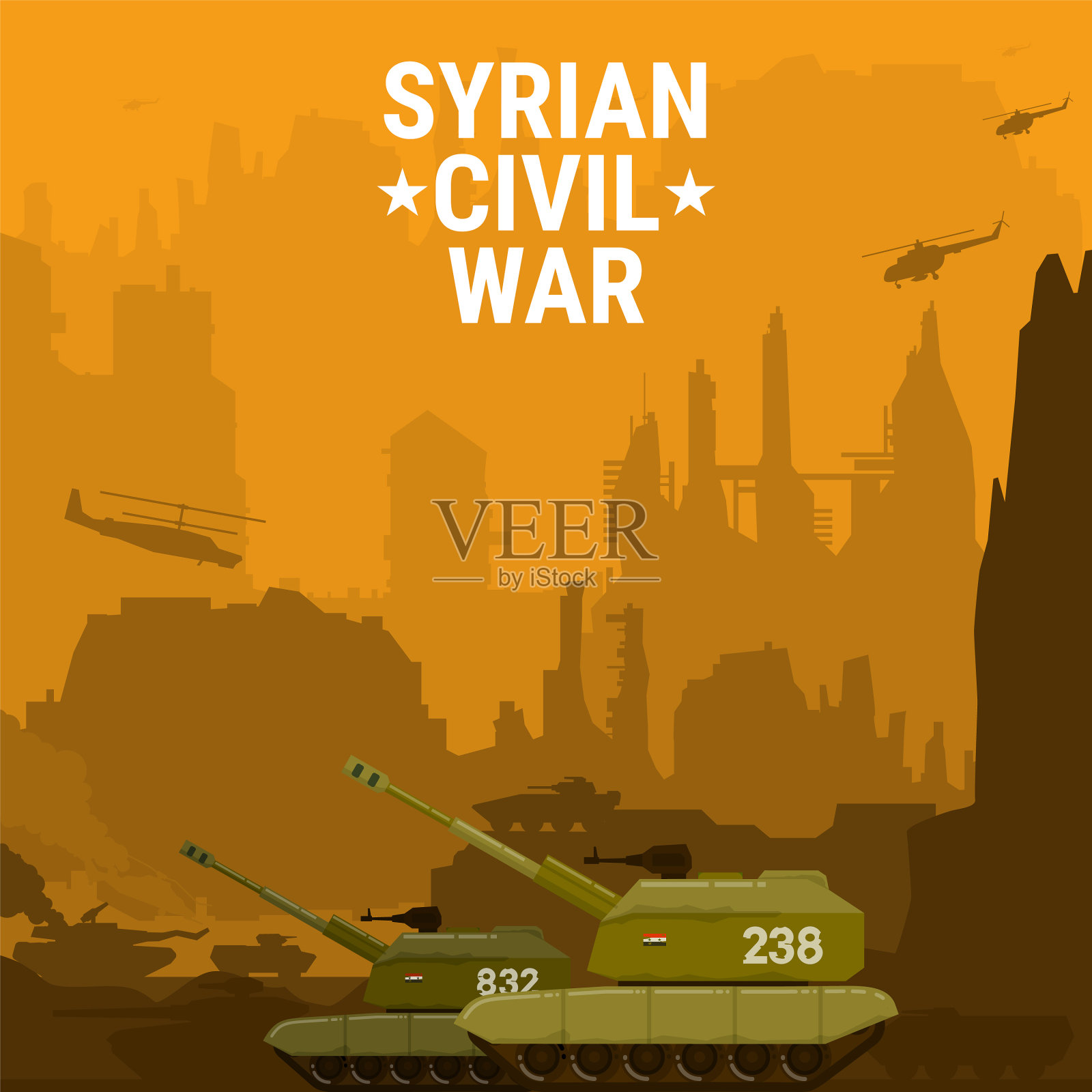 坦克仍在沙漠攻击敌人设计的村庄插画图片素材