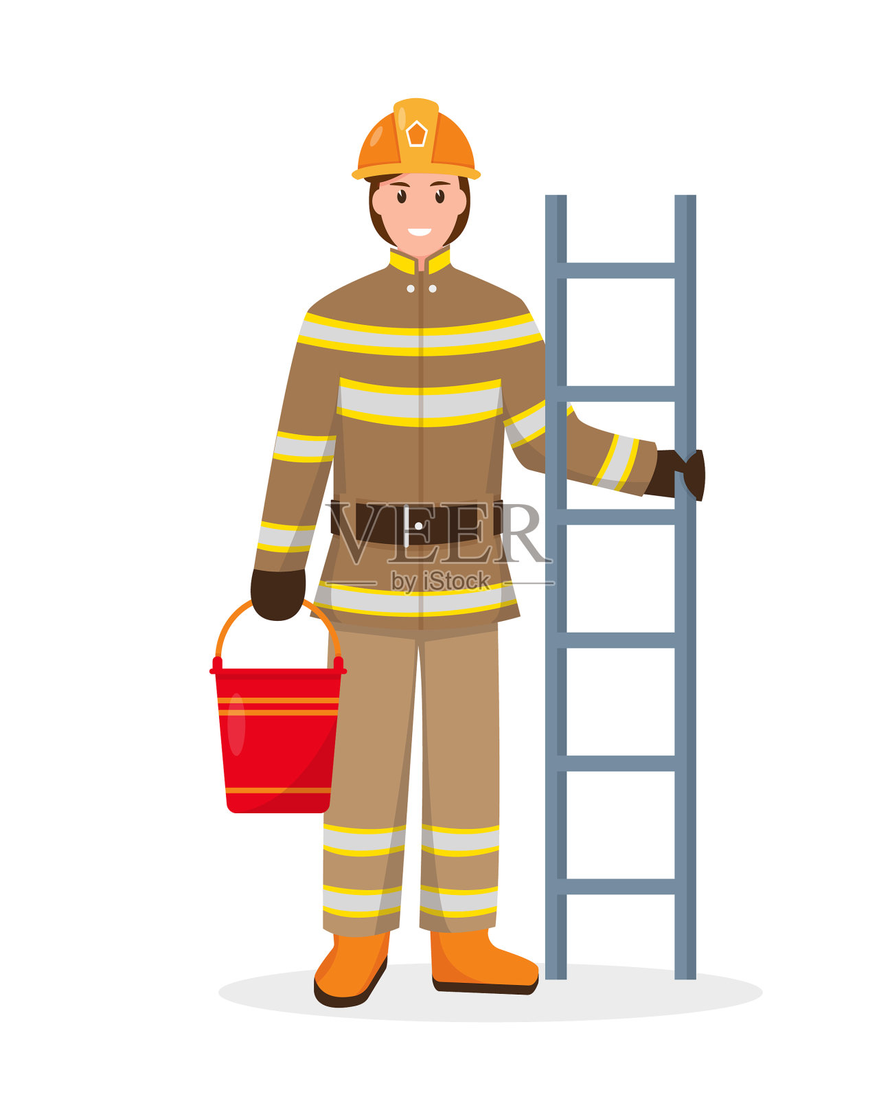 消防角色与消防逃生梯和水桶设计元素图片