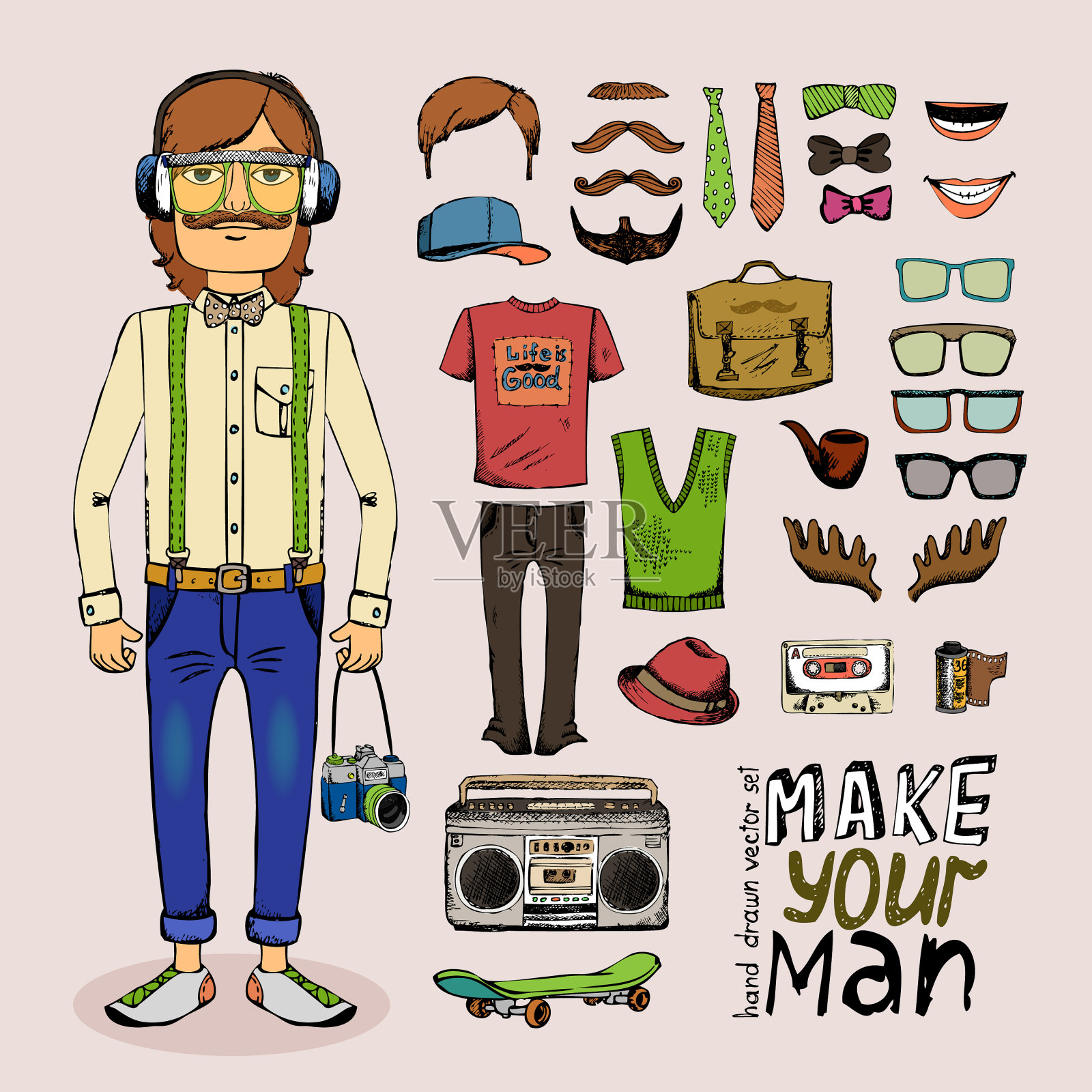 素描男性潮人设置插画图片素材