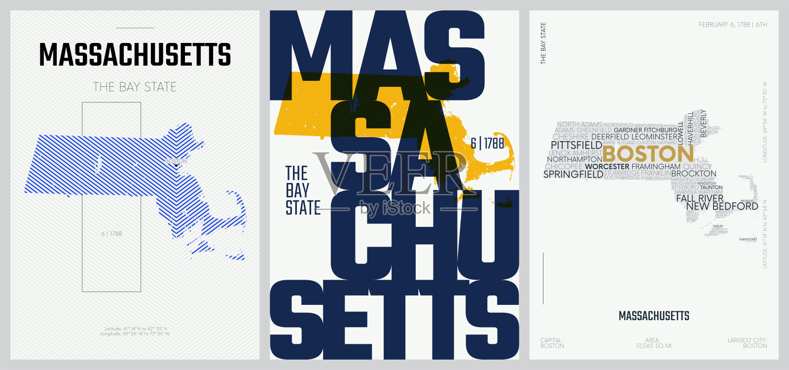 50套中的6套，3种设计风格的名字和信息的美国州海报，详细的矢量艺术打印马萨诸塞州地图插画图片素材