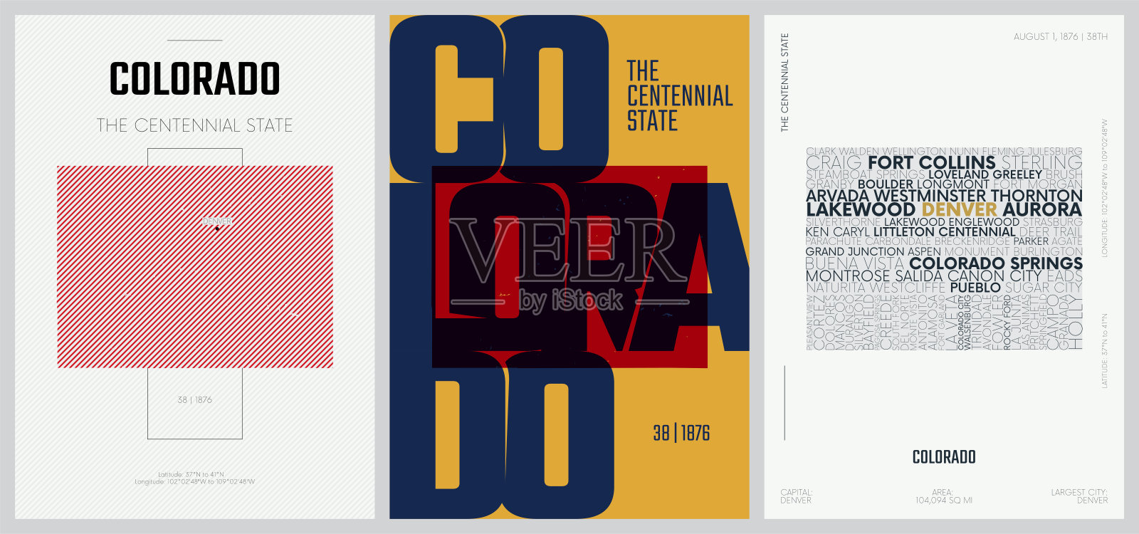 50套38，美国州海报与3种设计风格的名称和信息，详细的矢量艺术打印科罗拉多地图插画图片素材